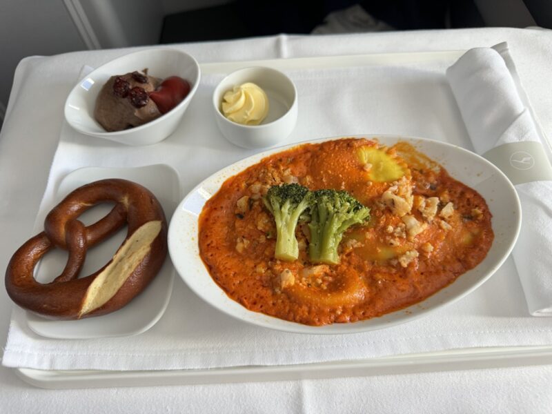 a plate of food on a tray