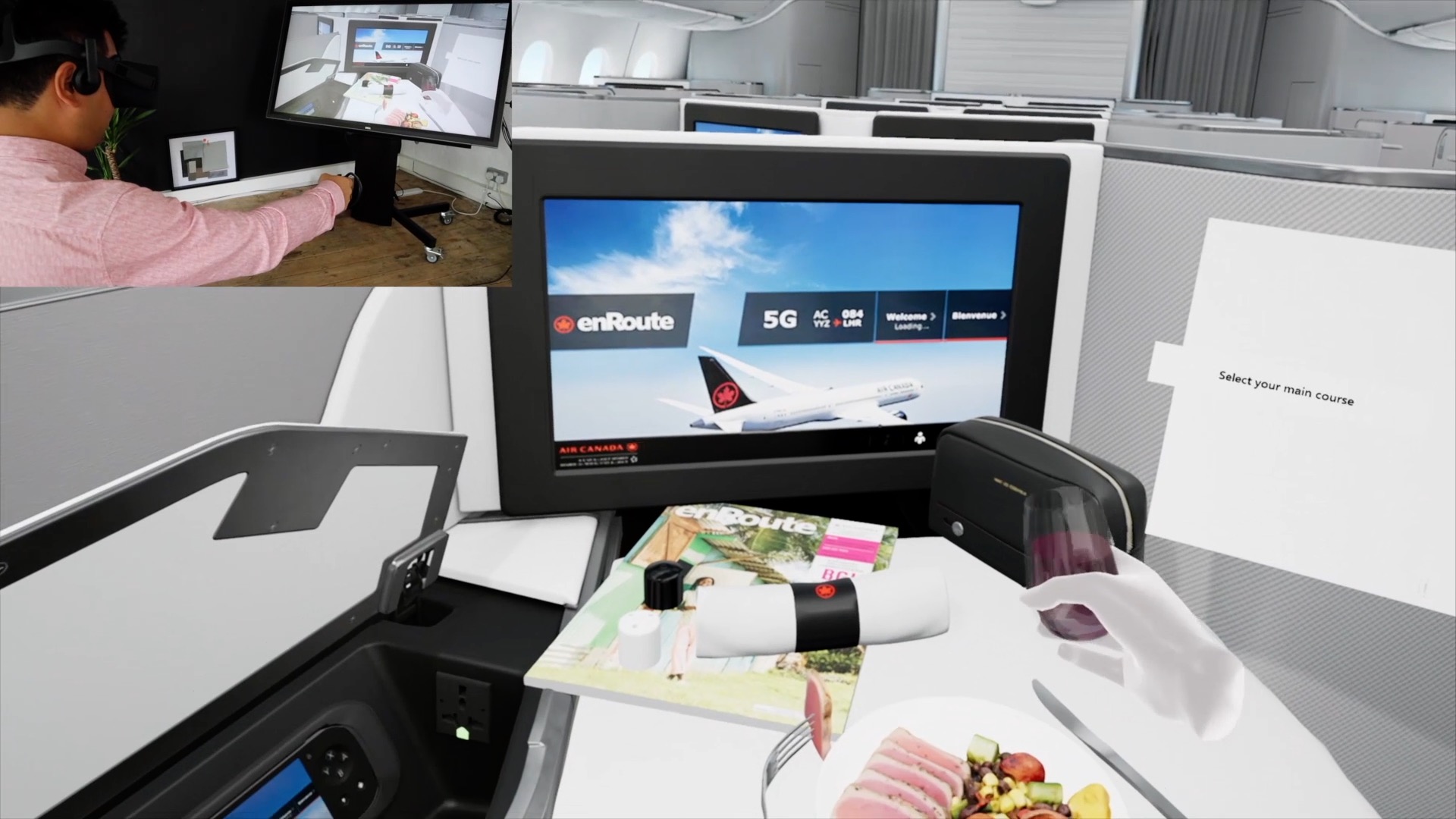 a screen and computer on a plane